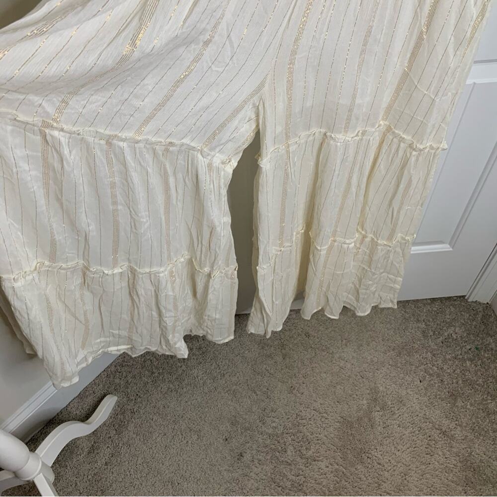Anthropologie Raga white ivory tiered metallic striped wide leg jumpsuit large - Picture 6 of 12